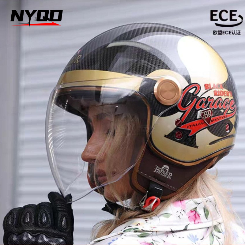 Vintage Open Face Retro Helmet - BEON BR20 カーボンファイバーレトロハーフヘルメットオープンフェイスオートバイヴィンテージダブルレンズヘルメット Casque Moto Casco